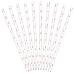 10 Pailles Cartonnées Coeur Rose