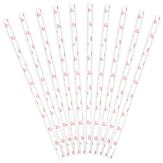 10 Pailles Cartonnées Coeur Rose