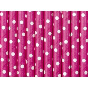10 Pailles Cartonnées Rose Foncé / Points Blancs