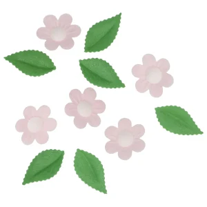 Set/11 Décorations en Papier Comestibles - Fleurs & Feuilles Roses